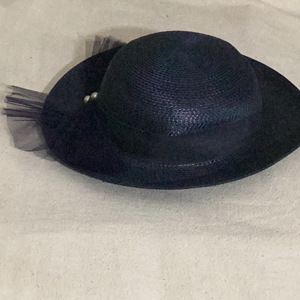 Blue Wide Brim Dress Hat with Tulle Detail